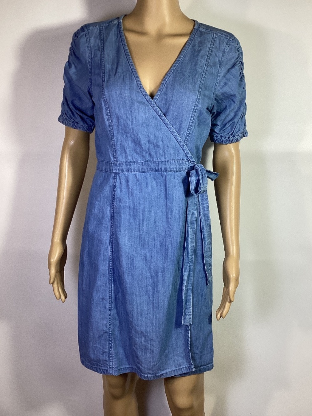 Madewell denim shirred sleeves wrap dress Sz S
